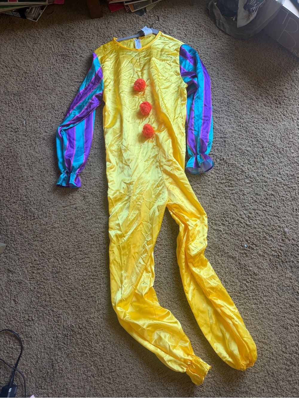 Warner Bros. Yellow Clown Jumpsuit with Purple & Teal Striped Sleeves